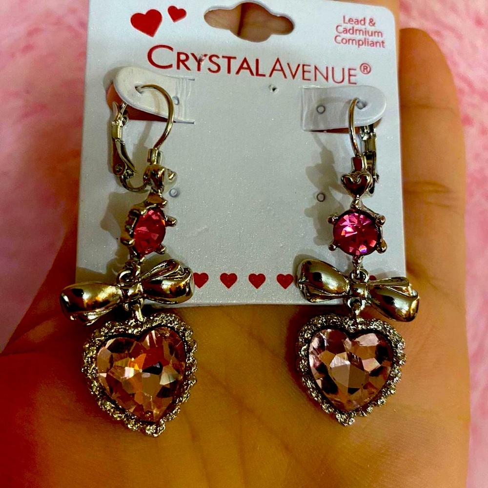 Pink Gem Heart Earrings Dangle
